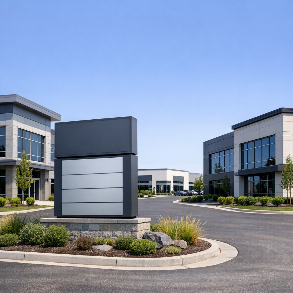 Clean, professional exterior view of Enterprise Court business park with clear signage