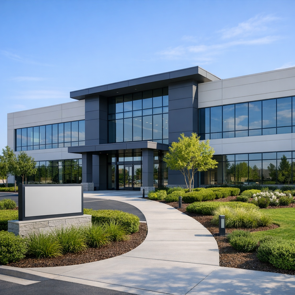 Clean, modern office building exterior with professional landscaping and clear signage